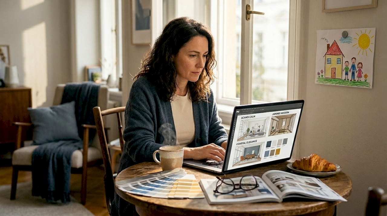 Woman exploring interior design layouts on laptop