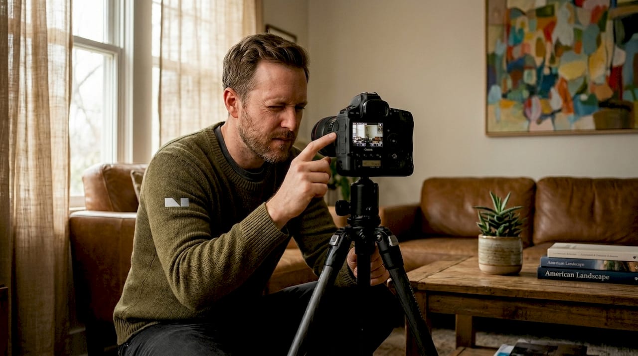 Photographer adjusting tripod for room shot
