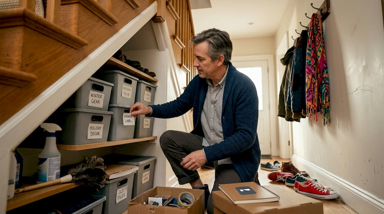 Under-stair storage with shelving and bins