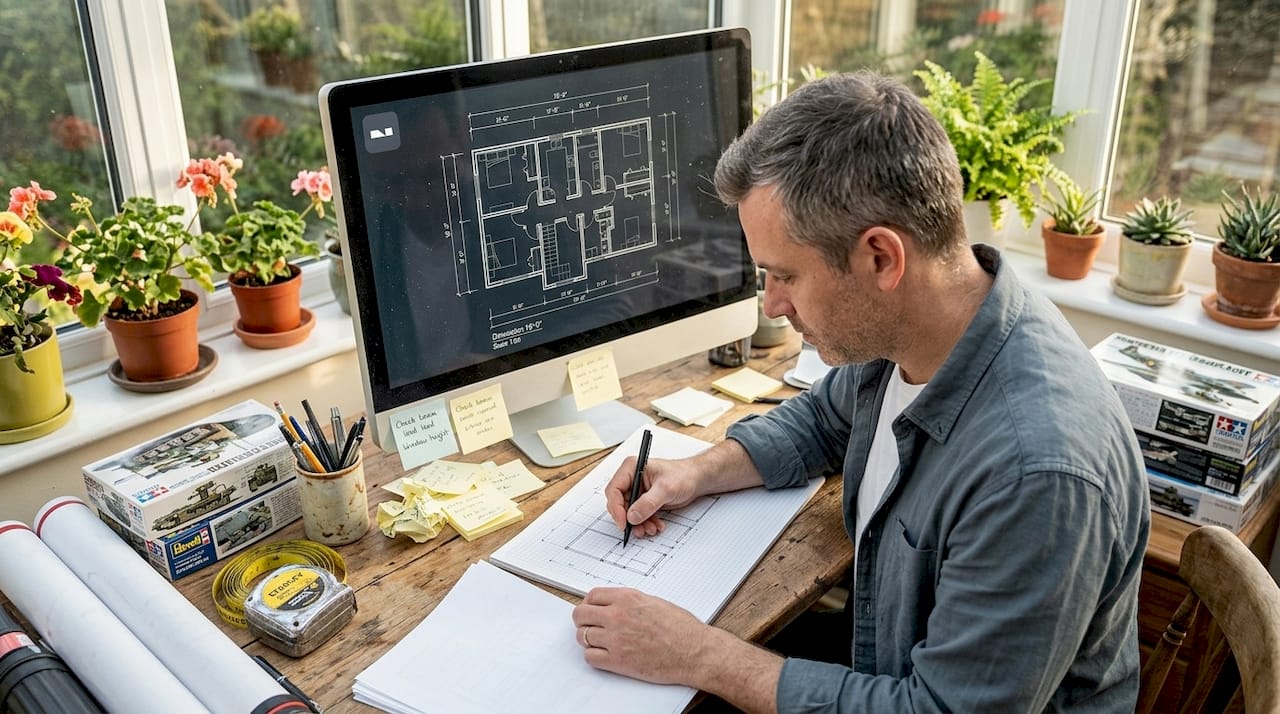 Man refining floor plan at workspace with tools
