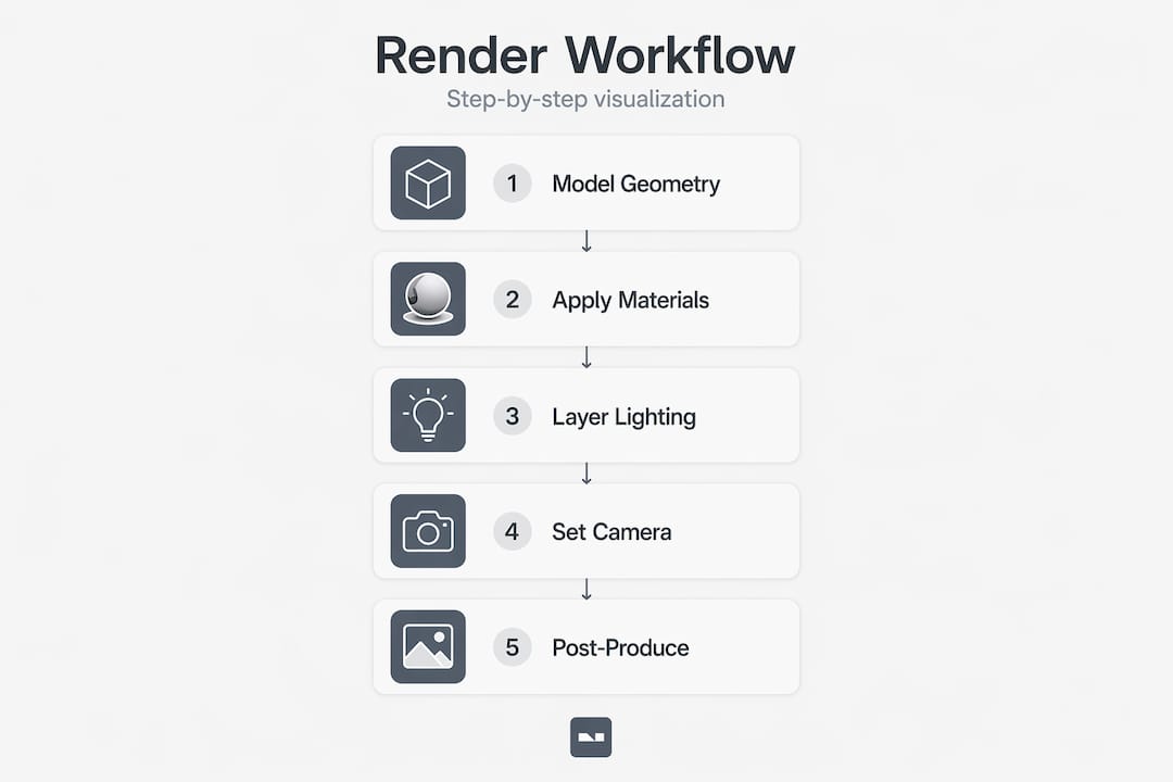Infographic of interior render workflow main steps