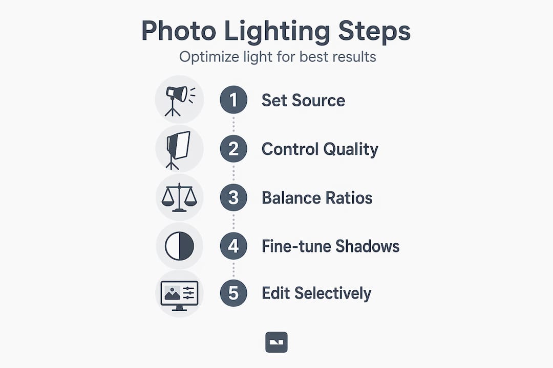Infographic showing five steps for photo lighting
