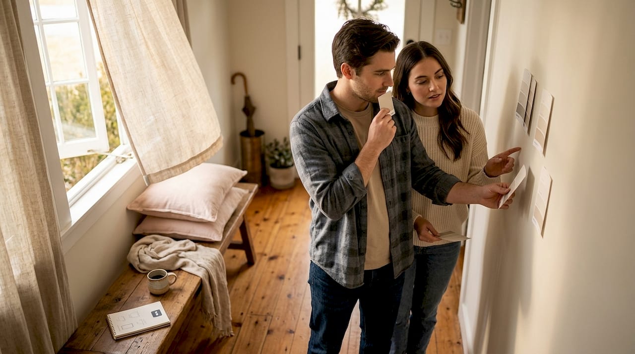 Couple compares paint colors in small hallway