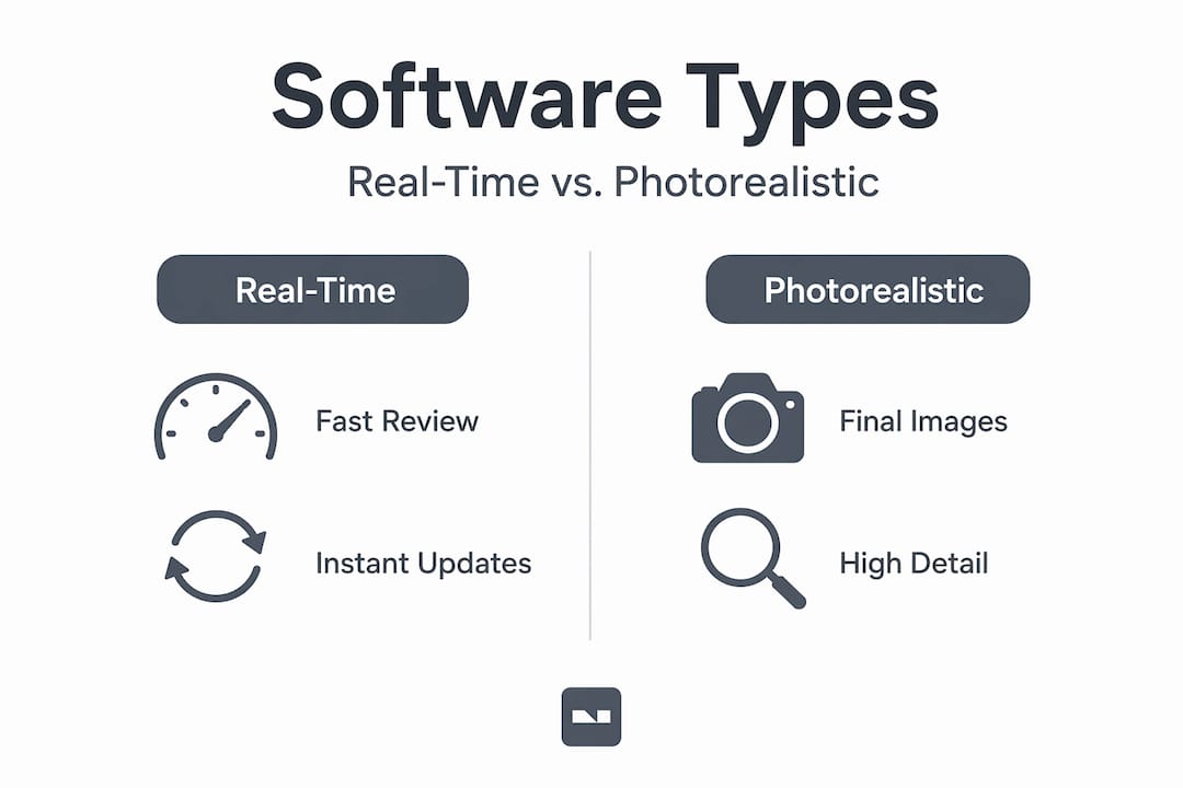 Infographic comparing real-time and photorealistic visualization