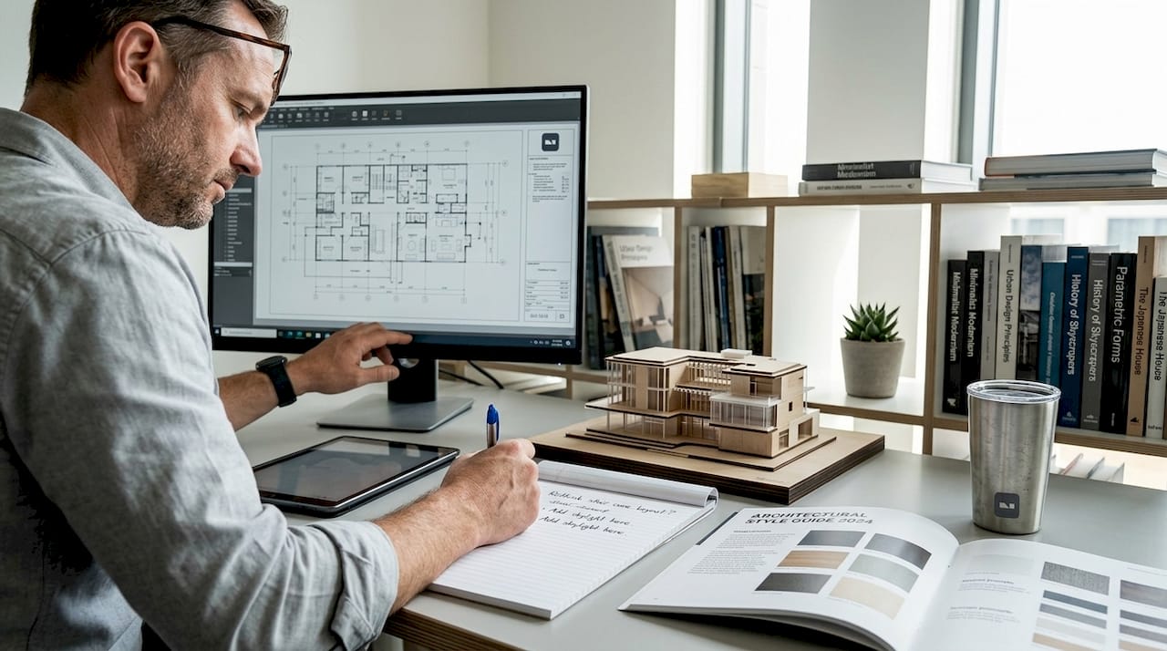 Architect reviewing building plans at workstation