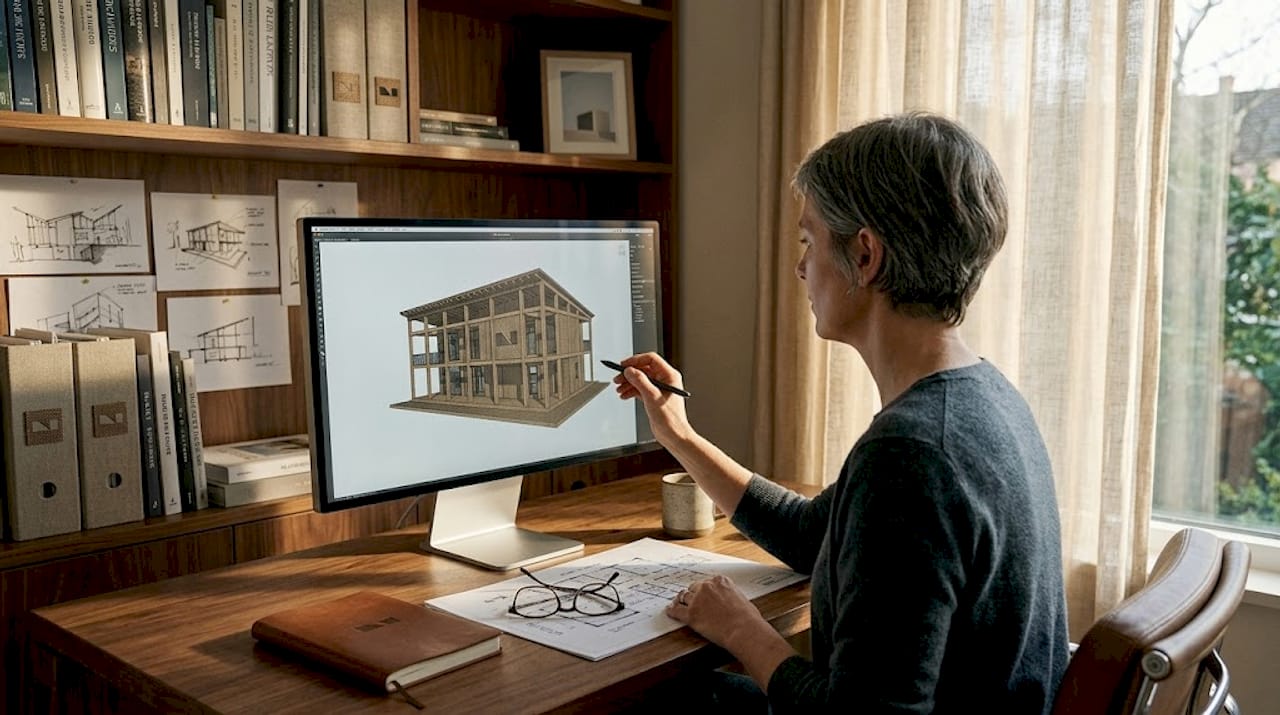 Architect reviewing 3D building render on monitor
