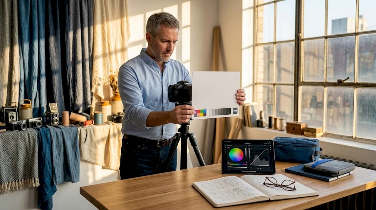 Photographer using white balance card in living room