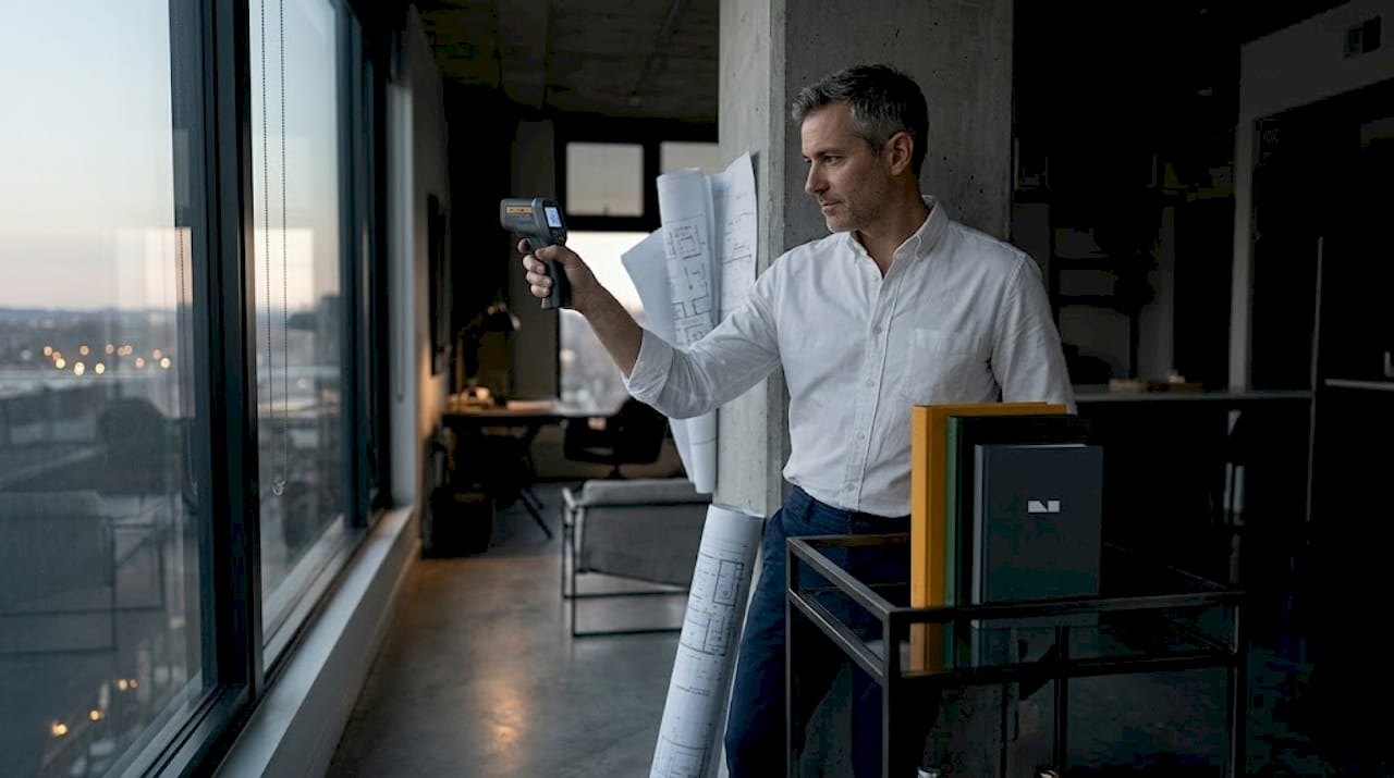 Engineer measures window temperature in apartment