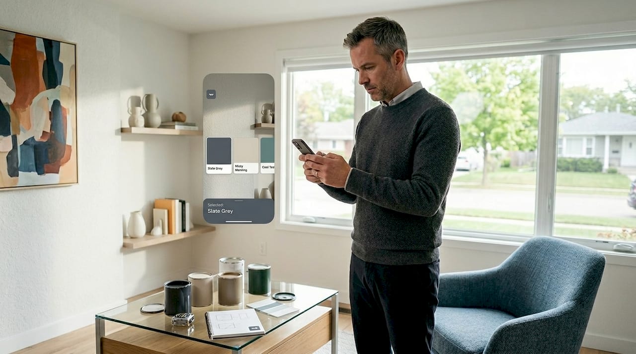Man using AI wall color editing tools in dining area