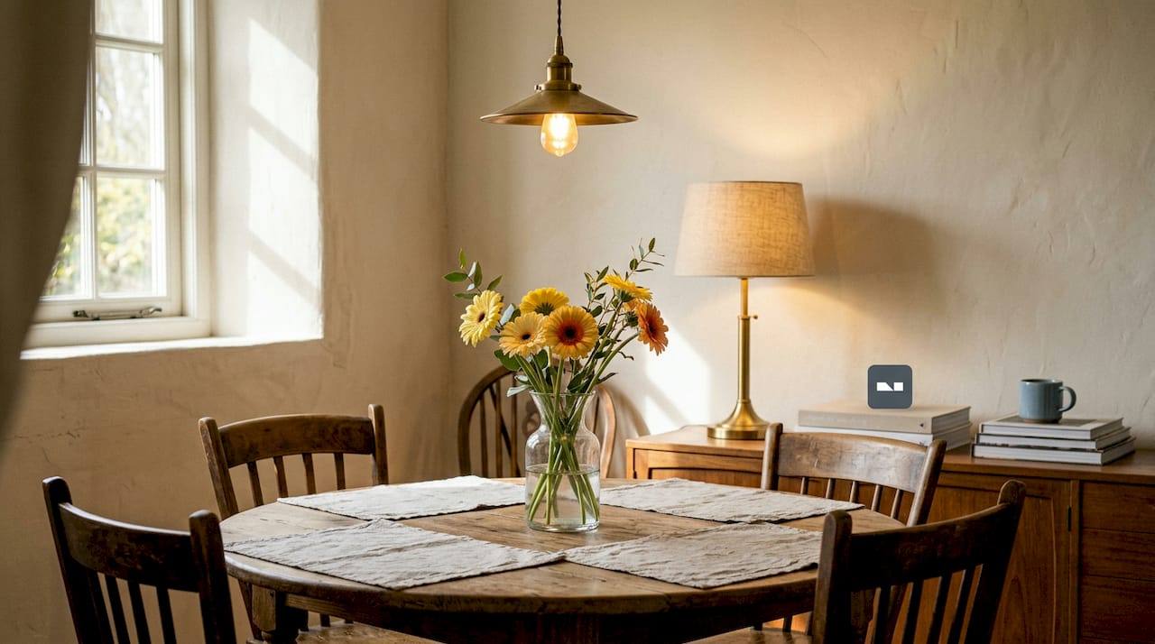 Dining room with layered balanced lighting sources