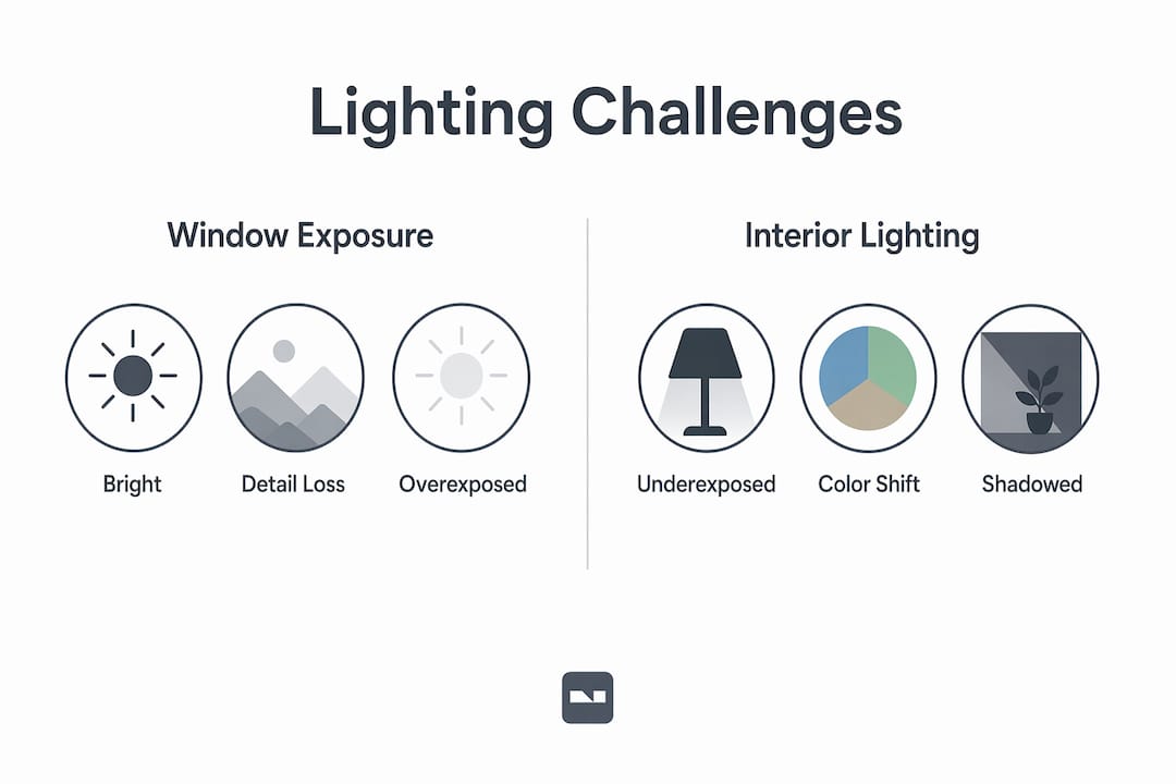 Infographic comparing window exposure and interior lighting challenges in home photos
