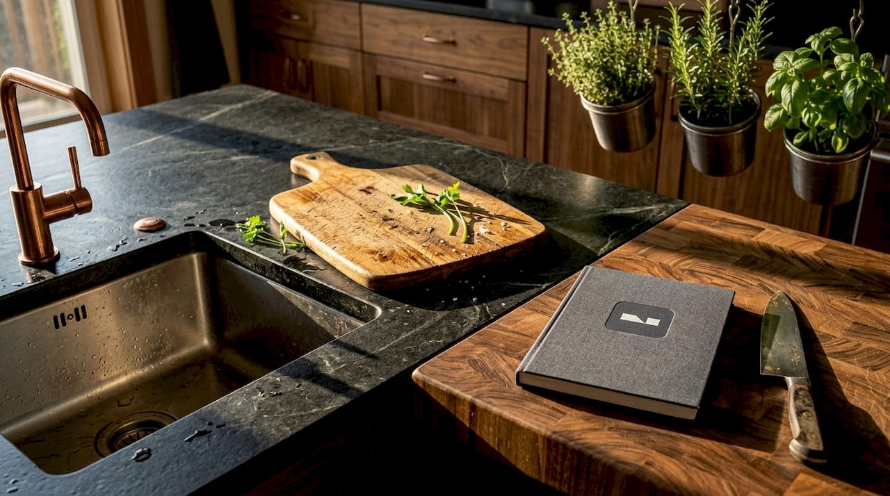 Close-up of kitchen countertop with textured materials