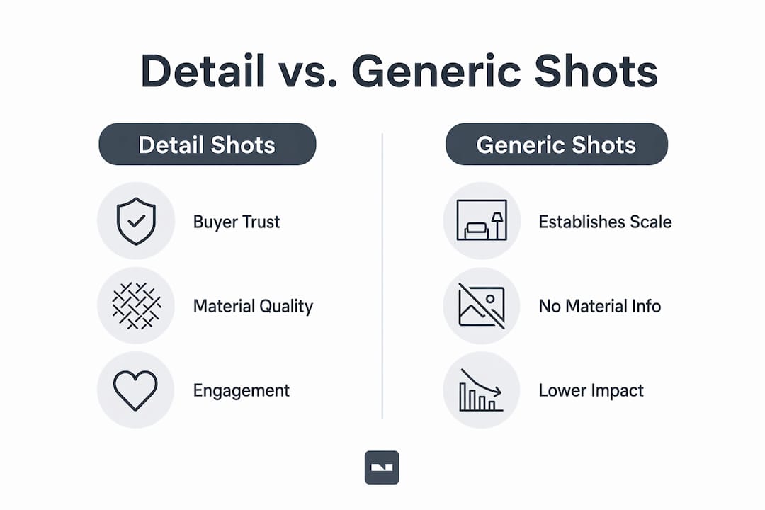 Infographic comparing detail shots and generic shots in interior photography