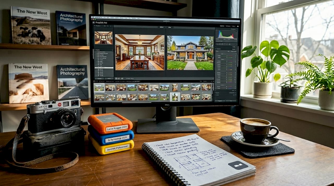 Workspace with monitor showing real estate photo editing tools