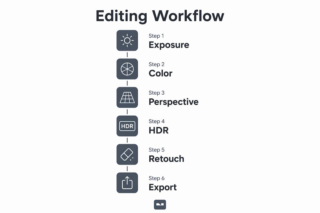 Infographic illustrating six-step photo editing workflow