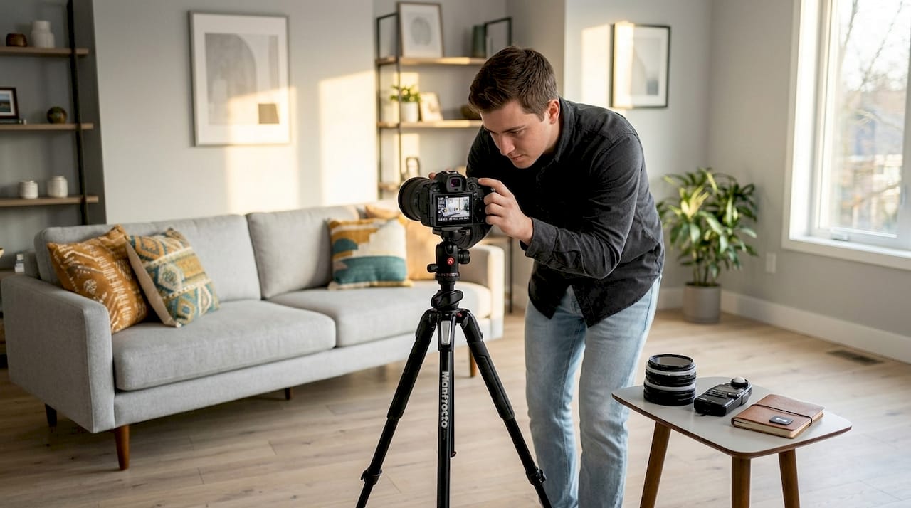 Real estate photographer preparing camera in living room
