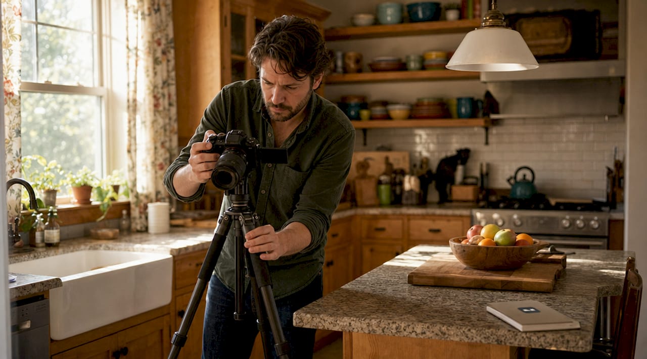 Photographer adjusting camera in dining room corner