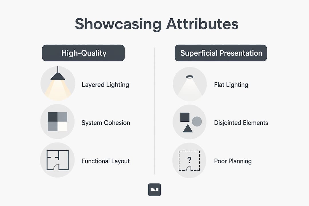 Infographic showing core attributes of high-quality versus superficial interior showcasing
