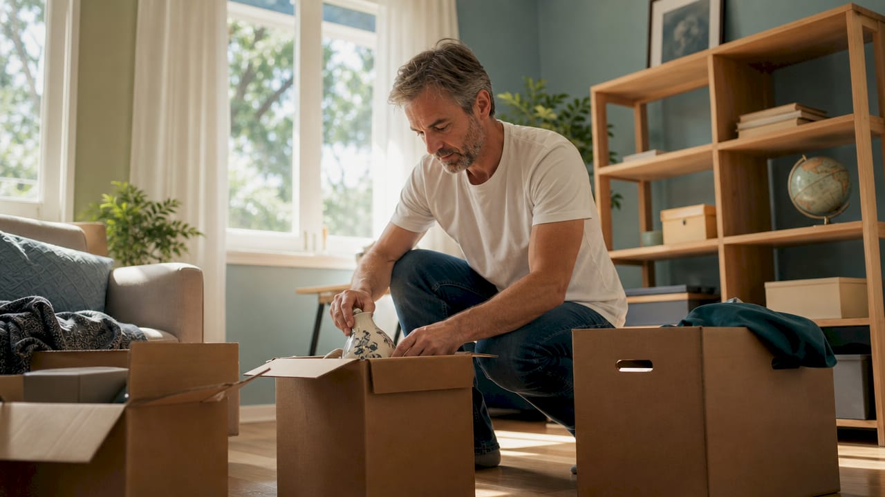 Man packing items for home staging decluttering