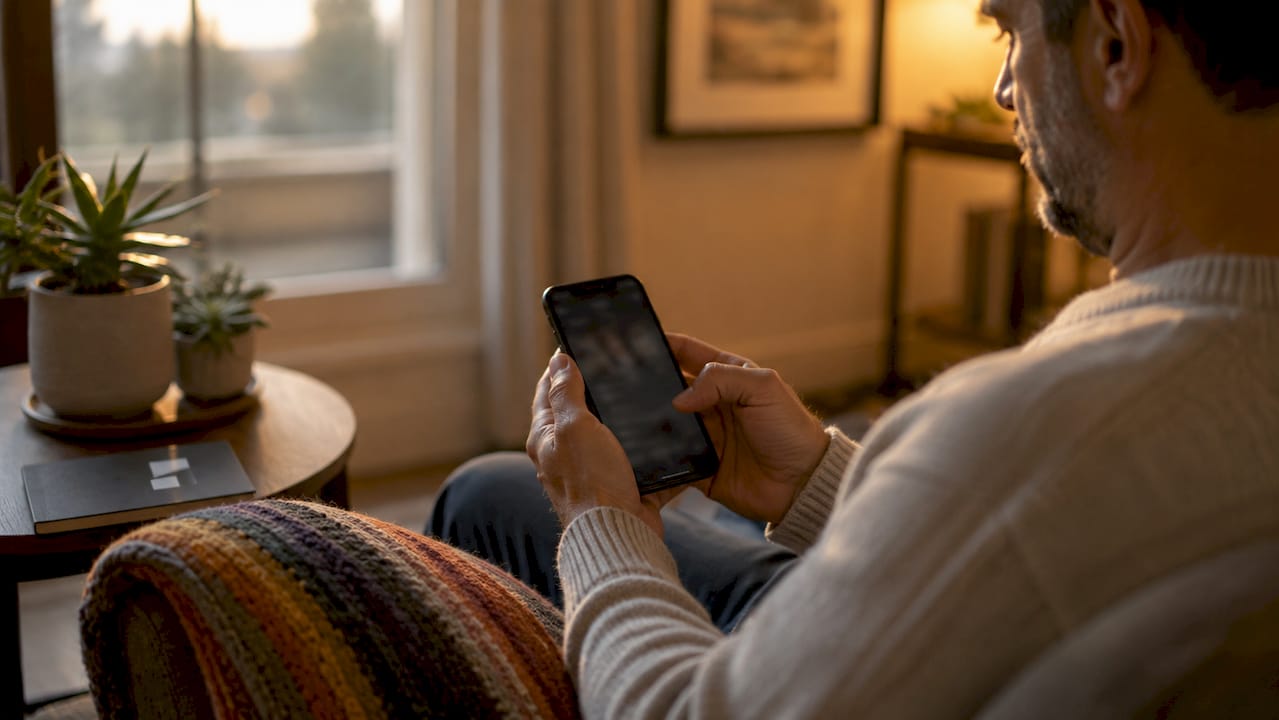 Close-up of hands holding smartphone over table