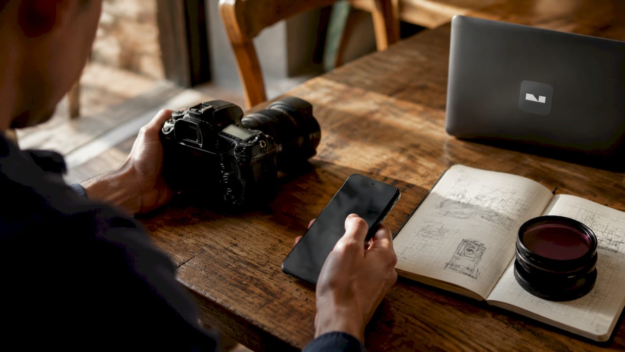 Hands holding smartphone and DSLR camera overhead