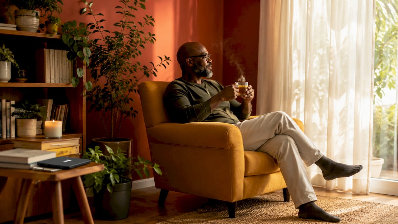 Man relaxing in warm-colored apartment corner