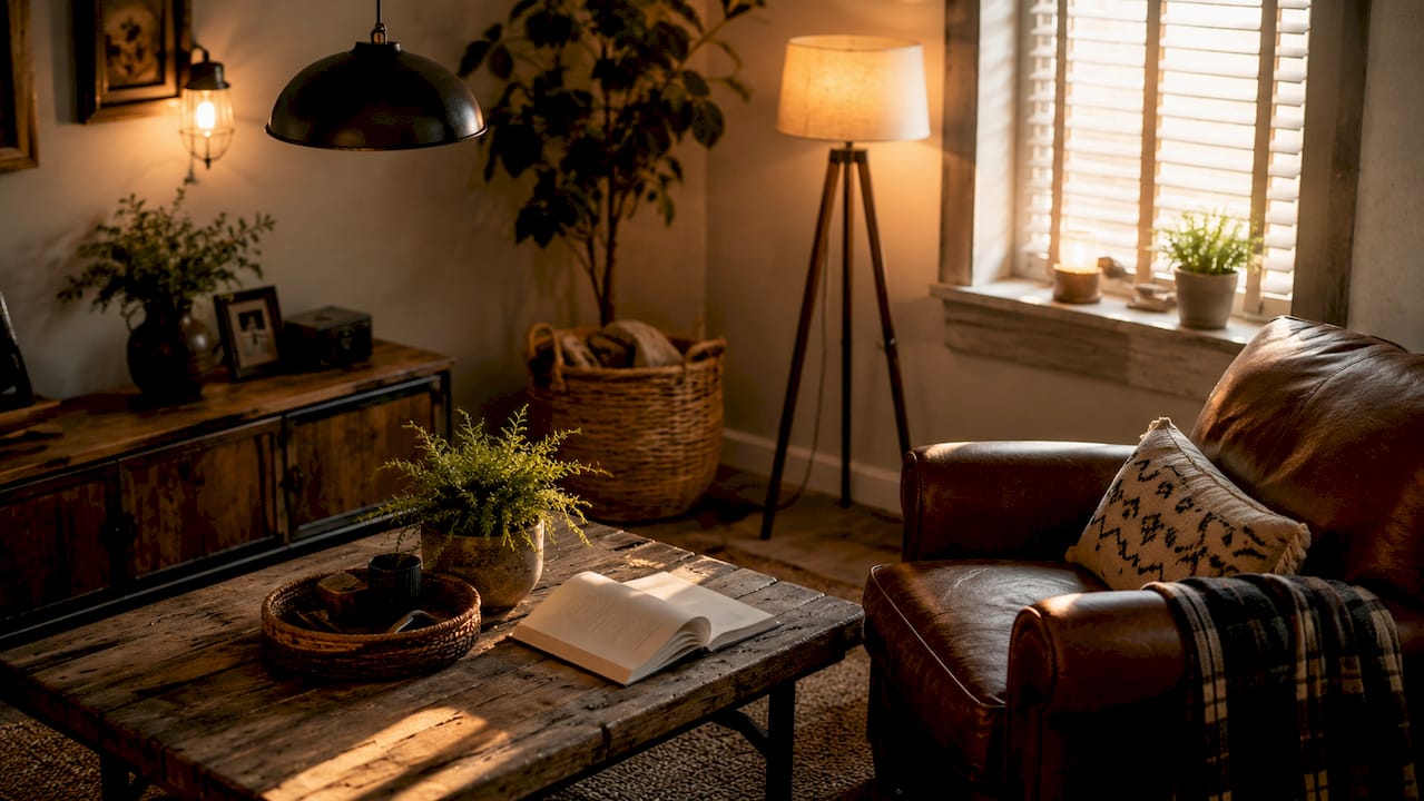Layered lighting in living room interior