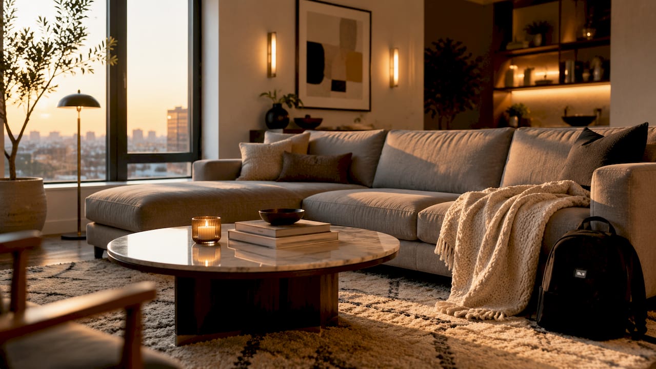 Well-staged cozy apartment living room scene
