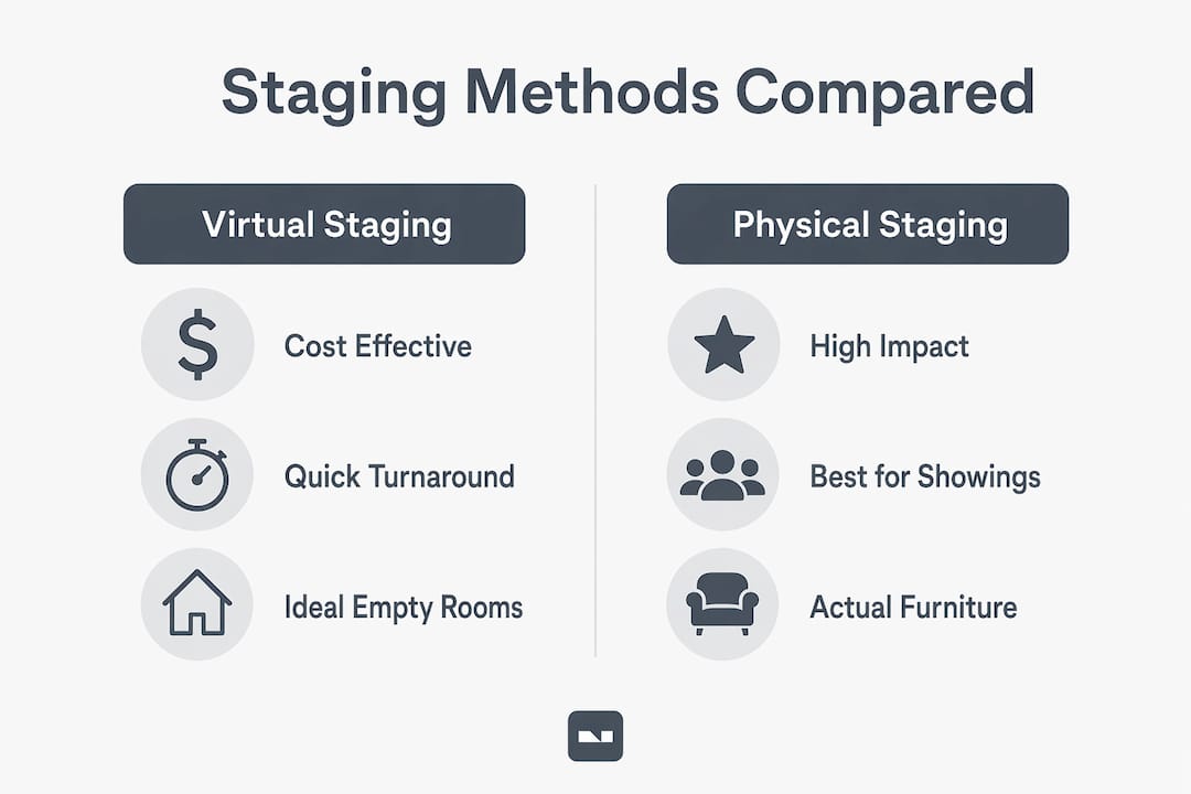 Infographic contrasting virtual and physical apartment staging methods