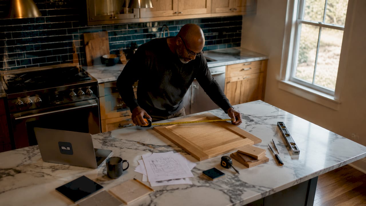 Man measuring walnut kitchen cabinets