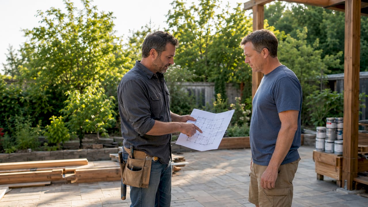 Contractor and homeowner review renovation plans indoors