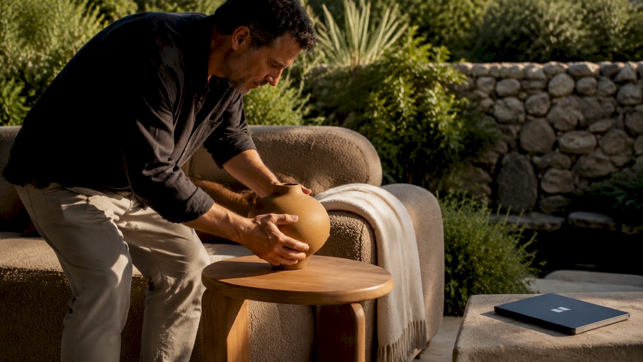 Hands arranging curved furniture accessories