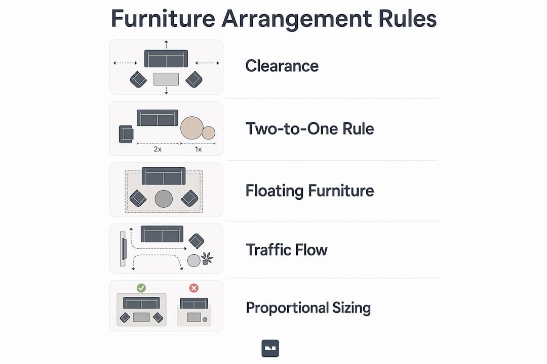 Infographic showing key furniture arrangement rules