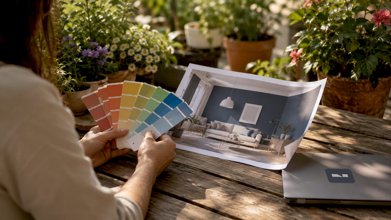 Close-up of paint swatches beside digital room photo