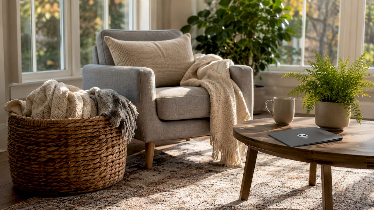 Overhead view of reading nook with basket and rug