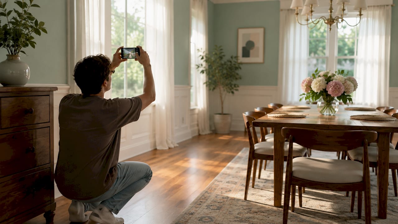 Man photographing kitchen from corner angle