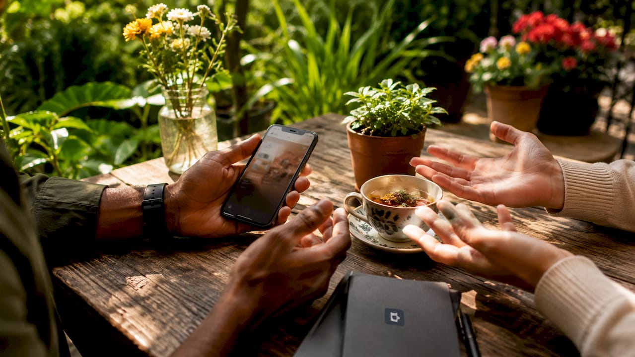 Hands using property app on smartphone at café table