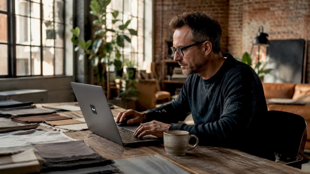 Man arranging furniture in digital room planner app
