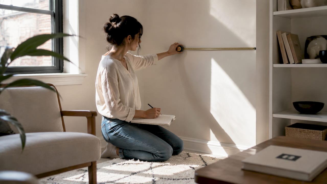 Hands measuring room dimensions with tape