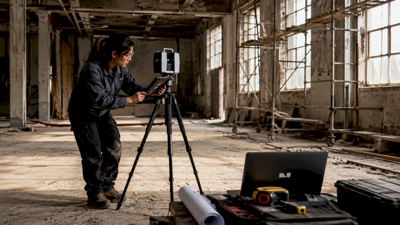 Technician operating laser scanner in renovation site