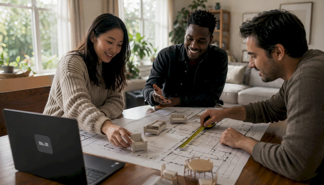 Hands adjusting furniture models on floor plan
