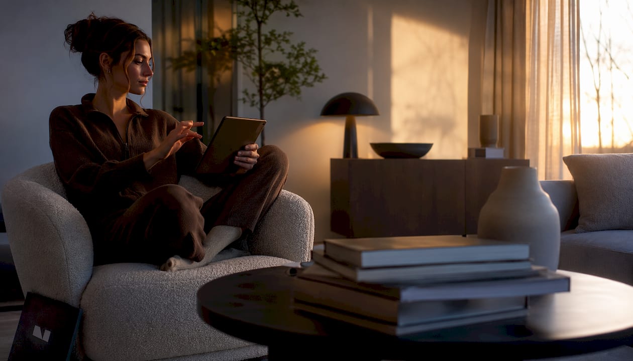 User controlling smart living room lighting