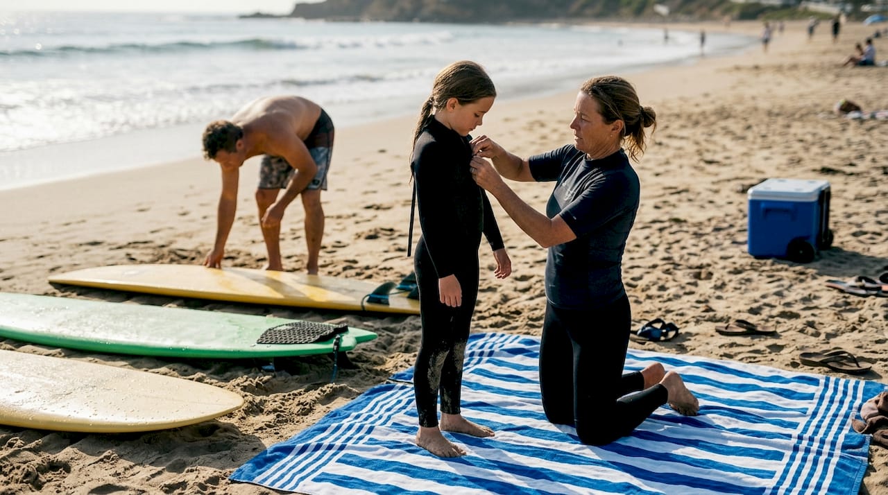 Monitora de surf enseñando a una niña y a un adulto en la orilla del mar
