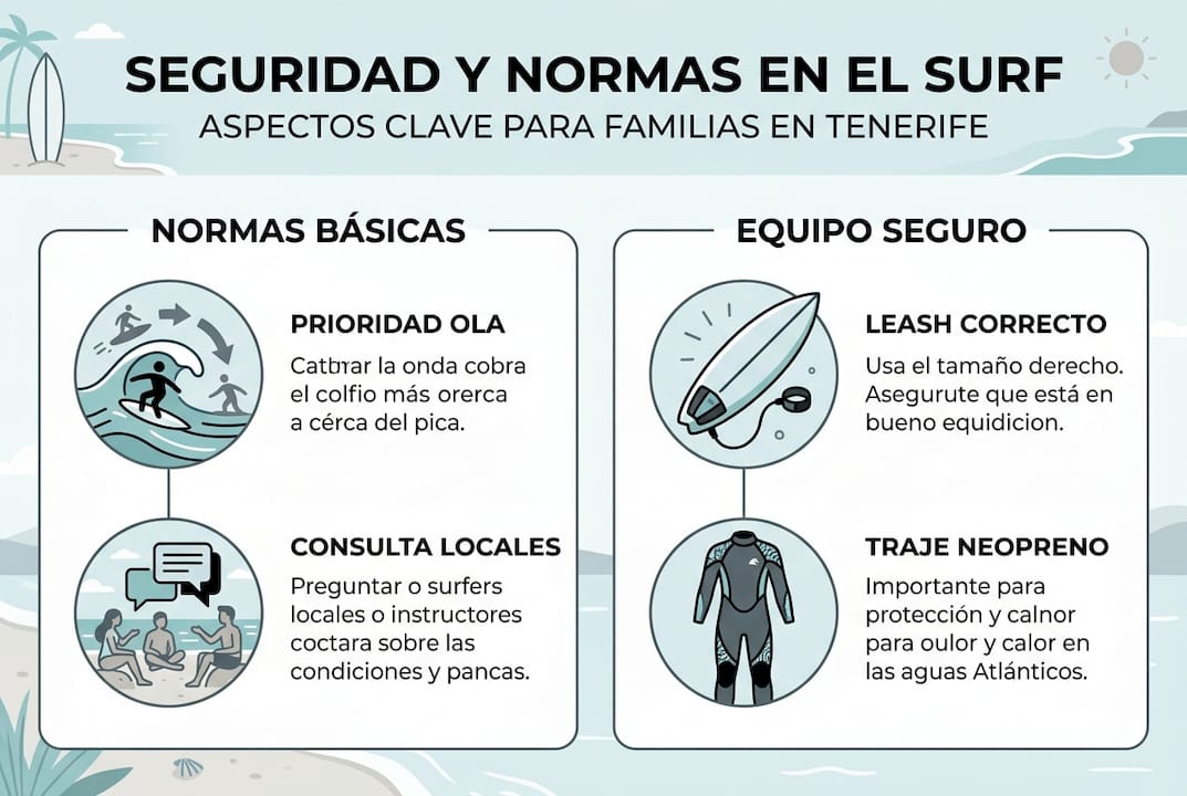Guía visual sobre seguridad y equipo esencial de surf para familias