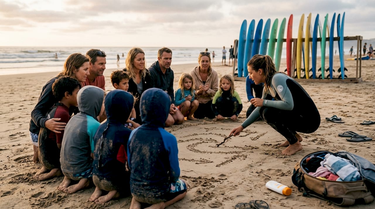 Sesión de surf para familias con niños curiosos y participativos