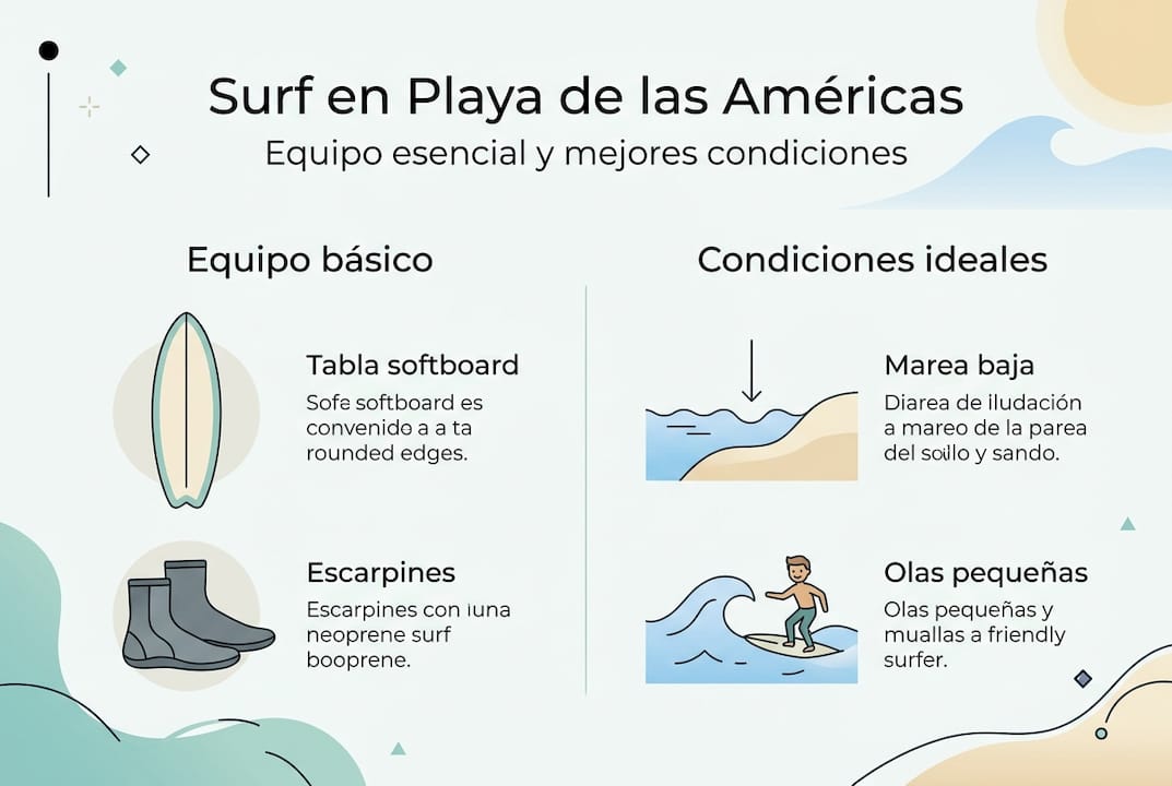 Infografía sobre el equipo imprescindible y las condiciones perfectas para disfrutar del surf