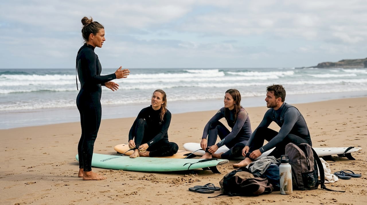 Clase introductoria de surf impartida por una instructora en la playa.