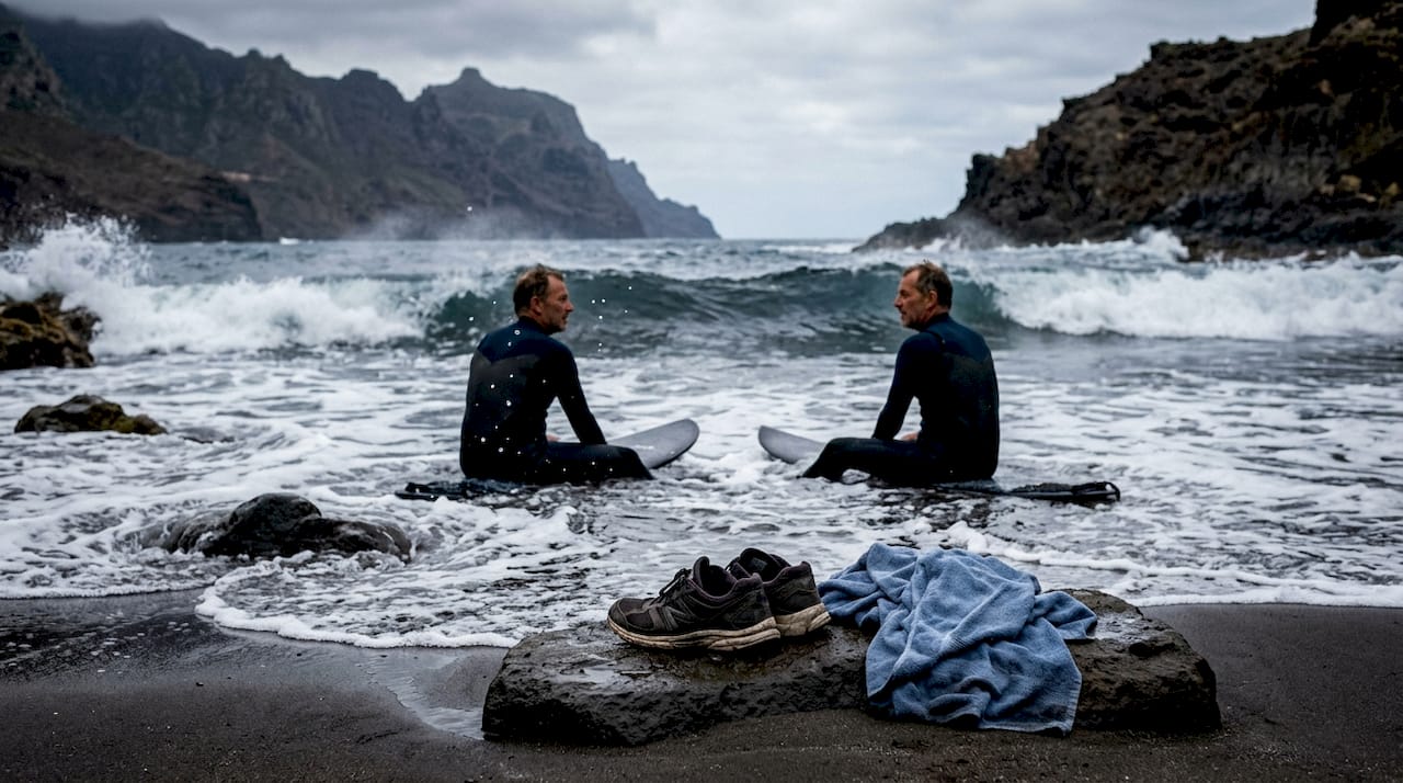 Un grupo de surfistas aguarda con sus tablas a que lleguen las mejores olas en la playa de Benijo.