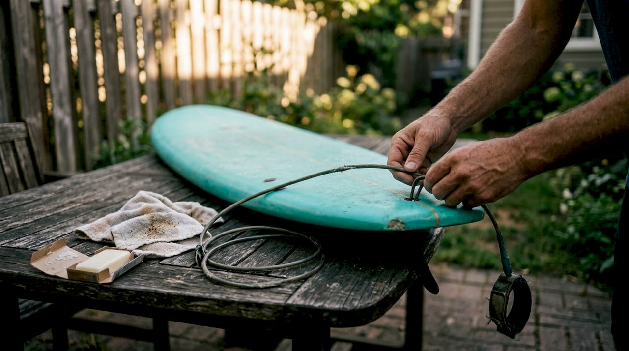 Unas manos ajustando el invento a la tabla de surf