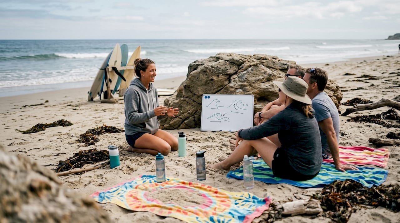 Un grupo de turistas atiende a la explicación sobre las bases del surf antes de entrar al agua.